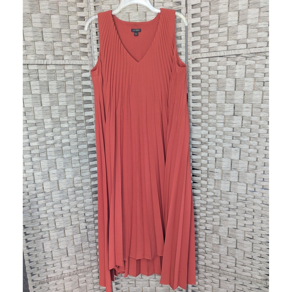 J. Jill Wearever Sleeveless Chiffon Midi Dress Rust Orange Pleated V-Neck Sz M